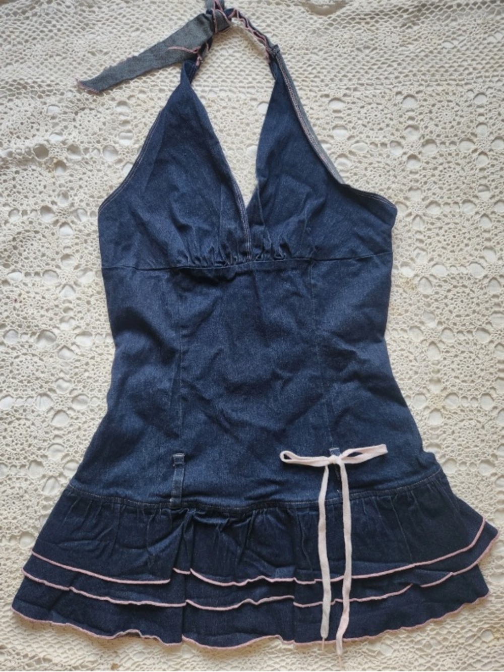 Girls Denim-Look Navy Halter One-Piece with Ruffle Skirt